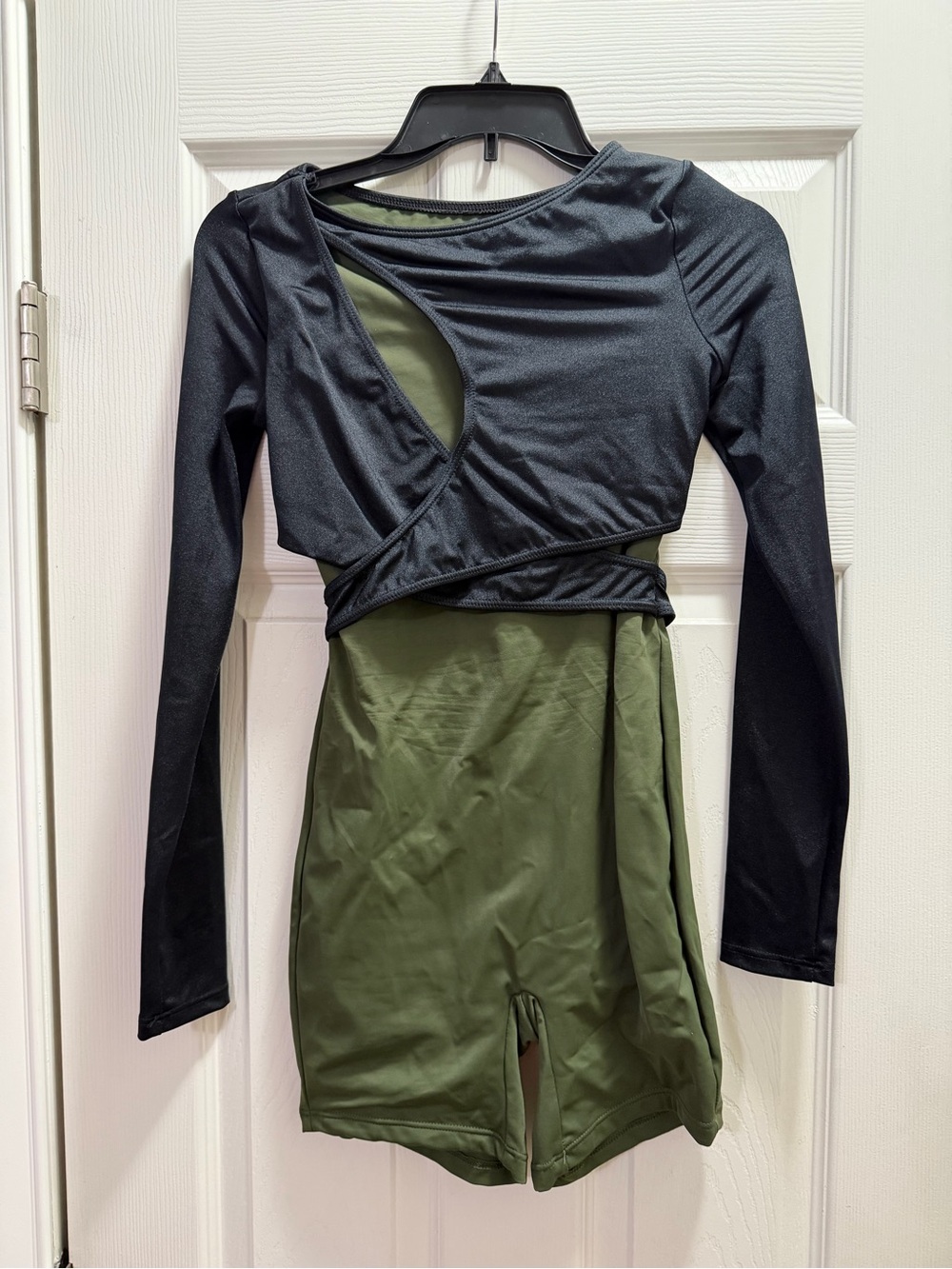 Weissman Olive Green and Black Two-Tone Long Sleeve biketard AS contemporary